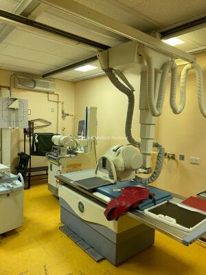 GE Proteus Analogue X-Ray Bucky Room *Mfd - 2003* Including Proteus Elevating Patient Table, Wall Stand, OTC + Tube/Housing, Ceiling Rails (5m in length), Console, Proteus System Cabinet, The System is Complete and was Professionally De-Installed from a W - 20