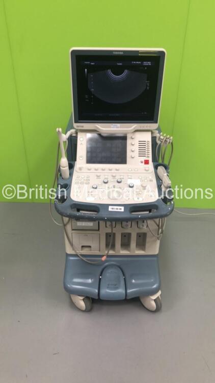 Toshiba Aplio XG SSA-790A Flat Screen Ultrasound Scanner *S/N 99D0813174* **Mfd 01/2008** with 3 x Transducers / Probes (PVT-661VT *Mfd 12/2007* / PLT-1204BX *Mfd 02/2014* and PVT-375BT *Mfd 04/2019*) and Sony UP-D897 Digital Graphic Printer (Powers Up -