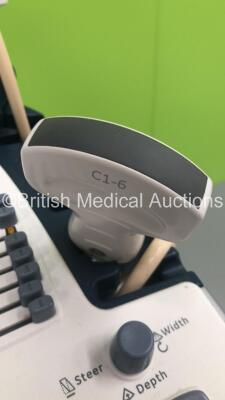 GE Logiq E9 Flat Screen Ultrasound Scanner Ref 5205000-7 *S/N 116650US3* **Mfd 03/2013** with 4 x Transducers / Probes ( ML6-15-D Ref 5199103 *Mfd 02/2013* / 9L-D Ref 5194432 *Mfd 02/2013* / C1-6 Ref 5418916 *Mfd 02/2013* and IC5-9-D Ref 5194434 *Mfd 02/2 - 5