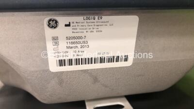 GE Logiq E9 Flat Screen Ultrasound Scanner Ref 5205000-7 *S/N 116650US3* **Mfd 03/2013** with 4 x Transducers / Probes ( ML6-15-D Ref 5199103 *Mfd 02/2013* / 9L-D Ref 5194432 *Mfd 02/2013* / C1-6 Ref 5418916 *Mfd 02/2013* and IC5-9-D Ref 5194434 *Mfd 02/2 - 11