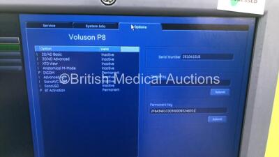GE Voluson P8 Flatscreen Ultrasound Scanner *Mfd - 2014* Software Version - 14.0.0 with 2 x Transducers / Probes (1 x E8C-RS *Mfd - 11/2019* and 1 x 4C-RS *Mfd - 06/2014*) and Sony UP-D897 Digital Graphic Printer (Powers Up) *261041SU8* **IR085** - 8