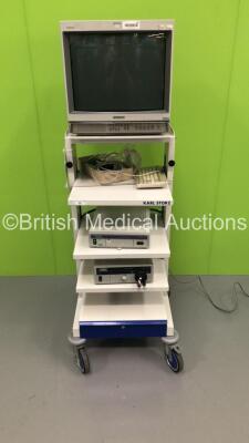 Storz Stack Trolley with Sony Trinitron Monitor (No Power), Storz 202220 20 tricam SL pal Camera Control Unit, Storz 201315 20 Xenon Nova Light Source (Powers Up) *S/N 2002055*