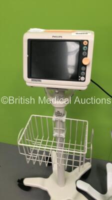 1 x Philips SureSigns VM4 Patient Monitor on Stand with ECG,SpO2 and BP Options and 1 x Welch Allyn 5300P Patient Monitor on Stand with 1 x BP Hose and 2 x BP Cuffs (1 x Powers Up,1 x No Power) - 3
