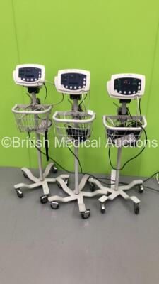 3 x Welch Allyn 53N00 Patient Monitors on Stands with 3 x BP Hoses and 3 x BP Cuffs (1 x Powers Up,2 x No Power) * SN JA043290 / JA069589 / JA043773 *