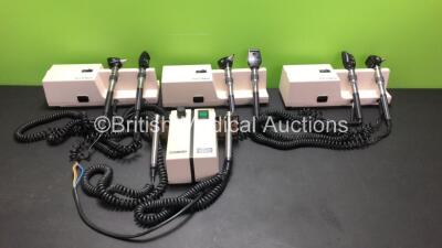 3 x Welch Allyn 767 Transformer Wall Mounted Ophthalmoscope with 6 x Attachment Heads (Some Wear to Cords - See Photos) and 1 x Welch Allyn 74716 Wall Mounted Ophthalmoscope