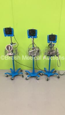3 x GE Carescape V100 Patient Monitors on Stands with 2 x BP Hoses and 2 x SpO2 Finger Sensors (2 x Power Up,1 x Draw Power) * SN SDT10370493SA / SDT08450434SP / SDT10370502SA *
