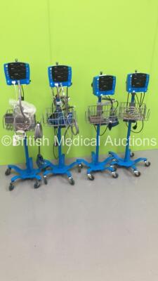 4 x GE Carescape V100 Patient Monitors on Stands with 2 x BP Hoses,4 x BP Cuffs and 2 x SpO2 Finger Sensors (All Power Up) * SN SDT10380312SA / SDT10450368SA / SDT08320052SP / SH611300299SA *