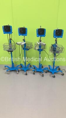4 x GE Carescape V100 Patient Monitors on Stands with 1 x BP Hose,1 x BP Cuff and 1 x SpO2 Finger Sensor (All Power Up- 1 x Missing Wheel) * SN SDT10380316SA / SDT10400131SA / SH612290278SA *