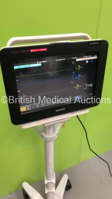 Philips IntelliVue MX450 Patient Monitor on Stand with 1 x Philips M3001A Module Ref 862442 with Press/Temp,NBP,SpO2 and ECG/Resp Options and 1 x M3015A CO2 Microstream Module with Press/Temp Options * Mfd 2017 * (Powers Up) * SN DE35140441 * * Mfd 2015 * - 3