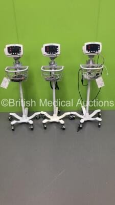 3 x Welch Allyn 53N00 Patient Monitors on Stands with 3 x SpO2 Finger Sensors and 3 x BP Hoses (All Power Up)