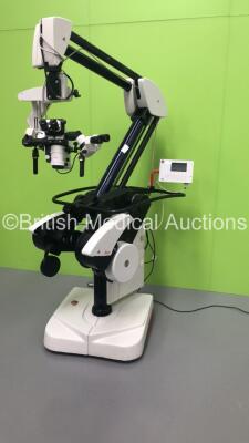 Leica M500-N Dual Operated Surgical Microscope Version 1.76 with 4 x 10x/21b Eyepieces and JVC 3-CCD Colour Video Camera on Leica OHS Stand (Powers Up - Damaged Light Cable - See Pictures) *S/N 10562-01* - 2