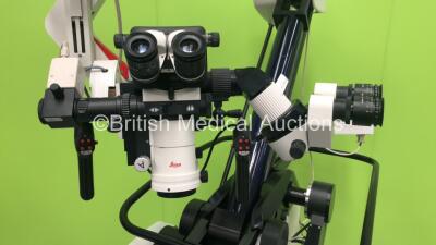 Leica M500-N Dual Operated Surgical Microscope Version 1.76 with 4 x 10x/21b Eyepieces and JVC 3-CCD Colour Video Camera on Leica OHS Stand (Powers Up - Damaged Light Cable - See Pictures) *S/N 10562-01* - 3