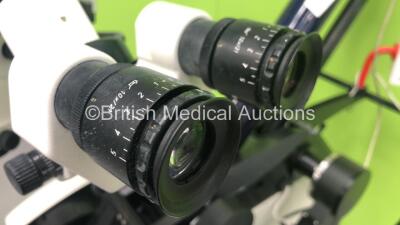 Leica M500-N Dual Operated Surgical Microscope Version 1.76 with 4 x 10x/21b Eyepieces and JVC 3-CCD Colour Video Camera on Leica OHS Stand (Powers Up - Damaged Light Cable - See Pictures) *S/N 10562-01* - 4