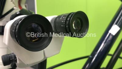 Leica M500-N Dual Operated Surgical Microscope Version 1.76 with 4 x 10x/21b Eyepieces and JVC 3-CCD Colour Video Camera on Leica OHS Stand (Powers Up - Damaged Light Cable - See Pictures) *S/N 10562-01* - 5