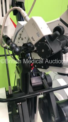 Leica M500-N Dual Operated Surgical Microscope Version 1.76 with 4 x 10x/21b Eyepieces and JVC 3-CCD Colour Video Camera on Leica OHS Stand (Powers Up - Damaged Light Cable - See Pictures) *S/N 10562-01* - 10