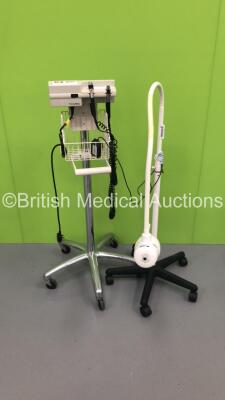 1 x Daray Nviro LED Patient Examination Lamp on Stand (Unable to Power Test Due to Damaged Power Supply) and 1 x Welch Allyn Otoscope / Ophthalmoscope Set on Stand with 2 x Handpieces and No Heads (Powers Up)