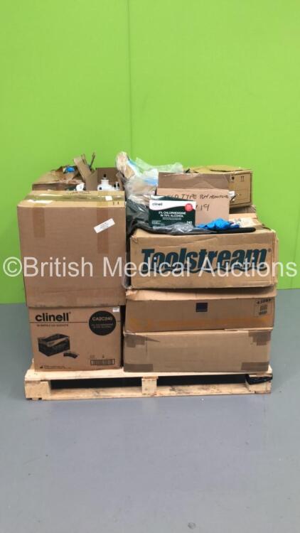 Pallet of Mixed Consumables Including Cutan Moisturising Cream, Clinell 2% Chlorhexidine in 70% Alcohol Wipes and Premier PEVA Body Bag (Majority Out of Date)