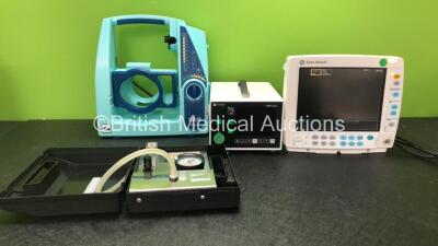 Mixed Lot Including 1 x GE Datex Ohmeda Type F-FM-00 Patient Monitor (Powers Up with Damaged Light and Missing Dial-See Photo) 1 x Huntleigh Life Pulse Patient Monitor (Powers Up) 1 x SAM e.p.s Suction Unit (Powers Up with Missing Cup-See Photo) 1 x Medix