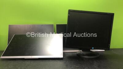 Job Lot of Monitors Including 3 x HP Model HSTND9571A Monitors (All Power Up, 1 with Cracked Screen-See Photo) 1 x NEC EA192M-BK Monitor (Powers Up) *SN 22164490TB, CNC7340M3J, CNC7340M3V, CNC7340M37*