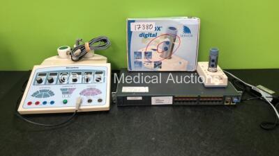 Mixed Lot Including 1 x Shrewsbury Medical SM3680L Ultrasound Therapy Unit with 1 x Transducer / Probe and 1 x AC Power Supply (Powers Up) 1 x Servox LACSA0001 Digital Speech Aid with 1 x AC Power Supply (Powers Up) 1 x Cisco Switch (Untested Due to No Po