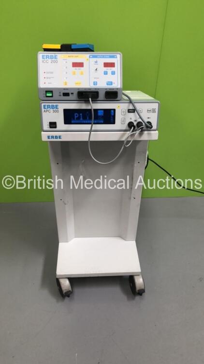 ERBE ICC 200 Electrosurgical / Diathermy Unit (No Power) with ERBE APC 300 Argon Coagulator Unit Version 2.20 on Stand with Footswitch (Powers Up) *S/N E1125*