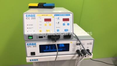 ERBE ICC 200 Electrosurgical / Diathermy Unit (No Power) with ERBE APC 300 Argon Coagulator Unit Version 2.20 on Stand with Footswitch (Powers Up) *S/N E1125* - 2