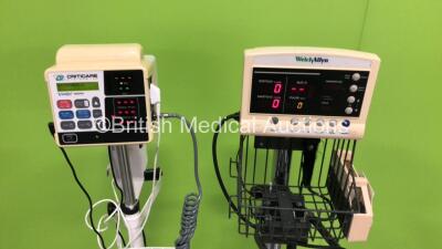 1 x CSI Criticare Vital Care 506DXN Vital Signs Monitor on Stand with SPO2 Finger Sensor and BP Hose and 1 x Welch Allyn 52000 Series Vital Signs Monitor on Stand (Both Power Up) - 2