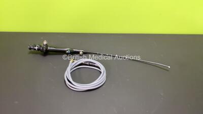 Olympus CYF-5 Cystoscope with Light Guide Cable in Case - Engineer's Report : Optical System - 2 Broken Fibers and Minor Dirt Specks Present, Angulation - No Fault Found, Insertion Tube - Grip Split, Light Transmission - No Fault Found, Channels - No Faul - 2