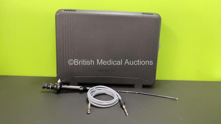 Olympus CYF-5 Cystoscope with Light Guide Cable in Case - Engineer's Report : Optical System - 3 Broken Fibers, Angulation - No Fault Found, Insertion Tube - No Fault Found, Light Transmission - No Fault Found, Channels - No Fault Found, Leak Check - No F