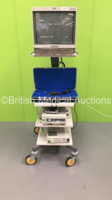 Olympus Stack Trolley with Olympus OEV202 Monitor, Olympus OES CLV-S30 Light Source, Olympus OES OTV-SX Camera Control Unit and Olympus OTV-SX Camera Head (Powers Up - Unable to Get Picture with Camera - See Pictures) *S/N 1700488 / 7113592*