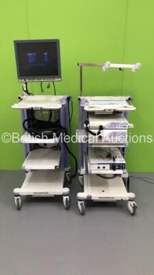 2 x Olympus Stack Trolleys Including Olympus OEV191H Monitor,Olympus Evis Lucera CV-260 SL Digital Processor,Olympus Evis MAJ-1154 Pigtail Connector,Olympus Evis Lucera CLV-260SL Light Source Processor,Olympus UPD-3 Endoscope Position Detecting Unit and O