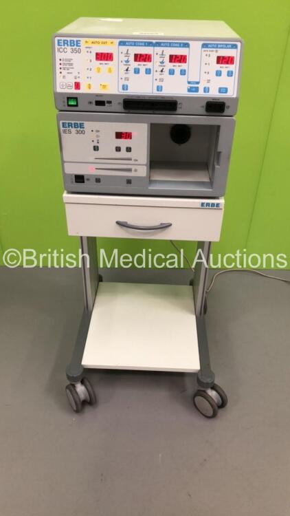 ERBE ICC 350 Electrosurgical/Diathermy Unit on ERBE Trolley with ERBE IES 300 Smoke Evacuator and 1 x Dual Footswitch (Powers Up) * SN C-2415 *