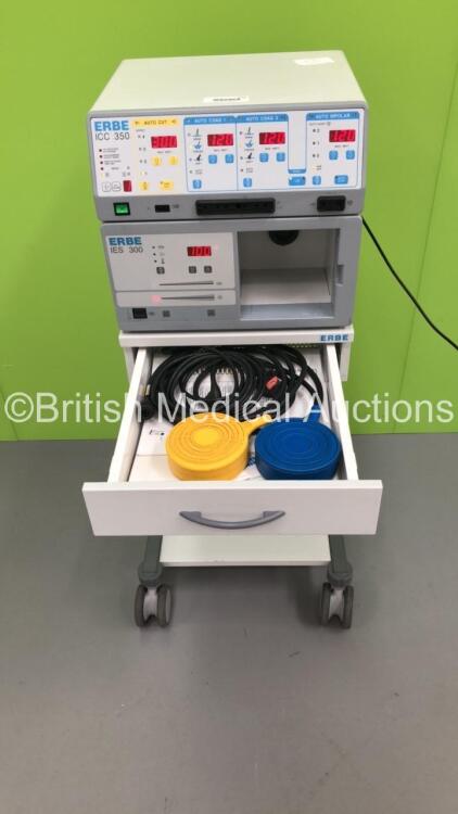 ERBE ICC 350 Electrosurgical/Diathermy Unit on ERBE Trolley with ERBE IES 300 Smoke Evacuator and 1 x Dual Footswitch (Powers Up) * SN C-1707 *