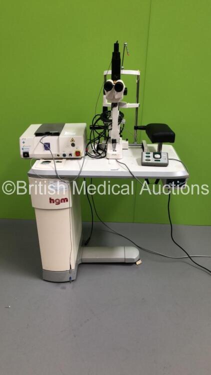 HGM/CSO Slit Lamp/YAG Laser System Including CSO SL 950 Slit Lamp with 2 x Leica 10x/21B Eyepieces,Leica 0.8x Lens and Lightlas 532 Laser on Motorized Table (Unable to Test Due to No Key) * Mfd 2001 / 2004 *