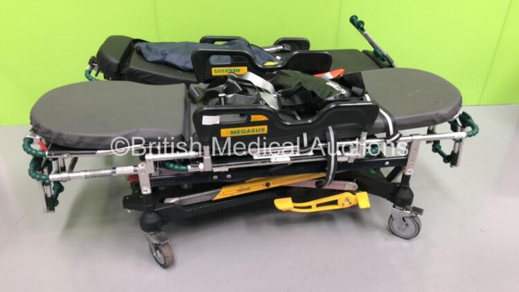 1 x Ferno Megasus Hydraulic Ambulance Stretcher with Mattress and 1 x Ferno Pegasus Hydraulic Ambulance Stretcher with Mattress (Hydraulics Tested Working)