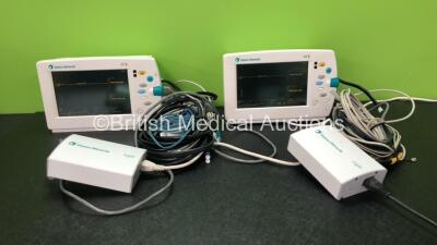 2 x Datex Ohmeda S/5 Patient Monitors Including ECG, SpO2, NIBP and T Options with 2 x 3 Lead ECG Lead, 2 x SpO2 Finger Sensors, 2 x BP Hoses and 2 x AC Power Supplies (Both Power Up)