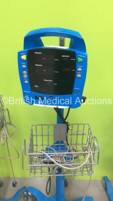 4 x GE ProCare Patient Monitors on Stands with 4 x SpO2 Finger Sensors (All Power Up) - 3