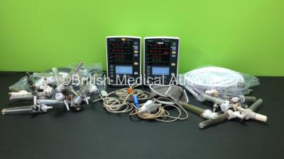 Mixed Lot Including 2 x Mindray Accutorr V Patient Monitors with 2 x SPO2 Finger Sensors and 1 x BP Hose (Both Power Up) 6 x Air Hoses with Valves-Regulators