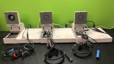 3 x Aurical Madsen HI-PRO Audiometers with 3 x Headphones and 3 x Switches (All Power Up, 1 with Missing Speaker Cover-See Photo) *SN NWL005743, NWL006419, 145991, 146010, 146002*