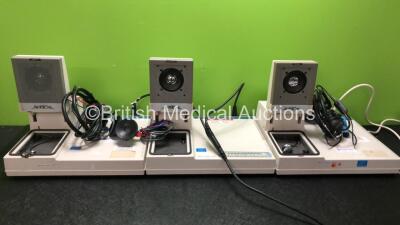 3 x Aurical Madsen HI-PRO Audiometers with 3 x Headphones and 2 x Switches (All Power Up, 1 with Missing Speaker Cover-See Photo) *SN NWL0013, NWL003003, 145999, 145996, 145992, NWL001202*