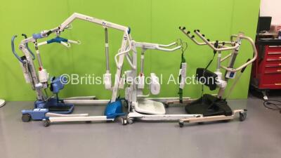 1 x Jones Oxford Journey 155 Electric Patient Hoist with Battery and Controller (Powers Up), 1 x Huntleigh TX 150 Electric Patient Hoist, 1 x Liko Sabina II Electric Patient Hoist and 1 x Reliant 350 Electric Patient Hoist