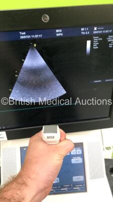 GE Vivid E9 Flat Screen Ultrasound Scanner *S/N VE96028* **Mfd 09/2013** Application Software Version 112 Revision 1.7 System Software Version 104.3.6 with 1 x Transducer / Probe (M5S-D Ref GE-3MIX *Mfd 09/2015*) and Sony UP-D897 Digital Graphic Printer ( - 5