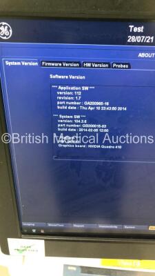 GE Vivid E9 Flat Screen Ultrasound Scanner *S/N VE96028* **Mfd 09/2013** Application Software Version 112 Revision 1.7 System Software Version 104.3.6 with 1 x Transducer / Probe (M5S-D Ref GE-3MIX *Mfd 09/2015*) and Sony UP-D897 Digital Graphic Printer ( - 8