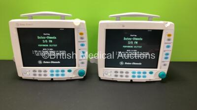 2 x GE Datex-Ohmeda S/5 Type F-FM-00 Patient Monitors *Mfd Both 2007* with 2 x E-PSMP-00 Module with NIBP, T1 T2, P1 P2, SpO2 and ECG Options *Mfd Both 2007* (Both Power Up with Some Casing Damage - See Photos) *6265981 - 6265983 - 6263673 - 6263670