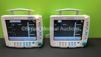 2 x GE Datex-Ohmeda S/5 Type F-FM-00 Patient Monitors *Mfd Both 2008* with 2 x E-PSMP-00 Module with NIBP, T1 T2, P1 P2, SpO2 and ECG Options *Mfd 2008 - 2007* (Both Power Up with Some Casing Damage - See Photos) *6383737 - 6383740 - 6457393 - 6265977*