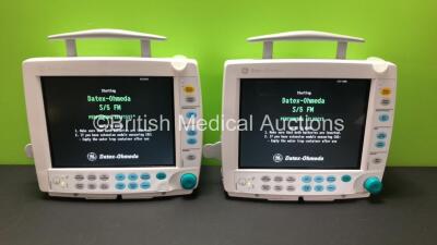 2 x GE Datex-Ohmeda S/5 Type F-FM-00 Patient Monitors *Mfd Both 2008* with 2 x E-PSMP-00 Module with NIBP, T1 T2, P1 P2, SpO2 and ECG Options *Mfd 2010 - 2007* (Both Power Up with Some Casing Damage - See Photos) *6608869 - 6265980 - 6463530 - 6463532*