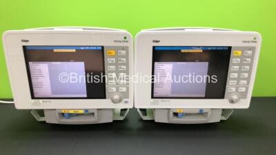 2 x Drager Infinity Delta Patient Monitors *Mfd 2008* with HemoMed 1, Aux/Hemo 3, NBP and MultiMed Options and 2 x Infinity Docking Stations (Both Power Up) *5399401761 - 6000132183*