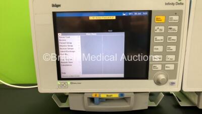 2 x Drager Infinity Delta Patient Monitors *Mfd 2008* with HemoMed 1, Aux/Hemo 3, NBP and MultiMed Options and 2 x Infinity Docking Stations (Both Power Up) *5399401761 - 6000132183* - 2