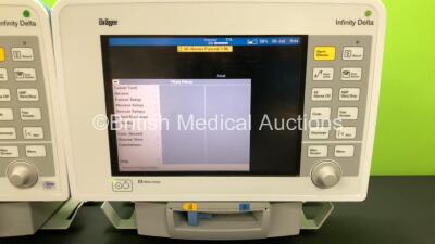 2 x Drager Infinity Delta Patient Monitors *Mfd 2008* with HemoMed 1, Aux/Hemo 3, NBP and MultiMed Options and 2 x Infinity Docking Stations (Both Power Up) *5399401761 - 6000132183* - 3