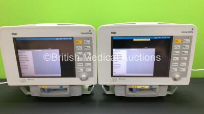 2 x Drager Infinity Delta Patient Monitors *Mfd 2008* with HemoMed 1, Aux/Hemo 3, NBP and MultiMed Options and 2 x Infinity Docking Stations (Both Power Up) *539946759 - 5399419350*